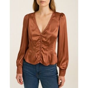 Milly Honey Bronze Satin Lace Trim‎ V Neck Button Front Puff Sleeve Blouse Top L
